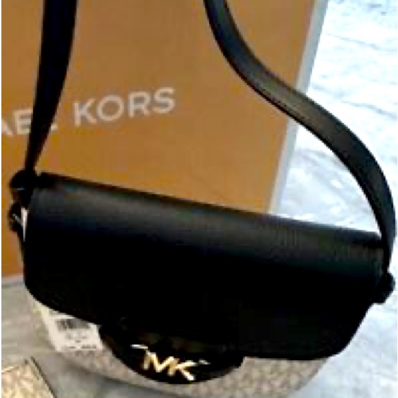 SOLD NWT Michael Kors Reed Small Logo and Leather Crossbody Bag Vanilla/Black - Picture 6 of 17